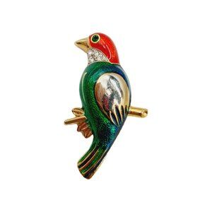 Parrot Brooch Pin Rhinestones Green Blue Enamel Vintage 1.5"